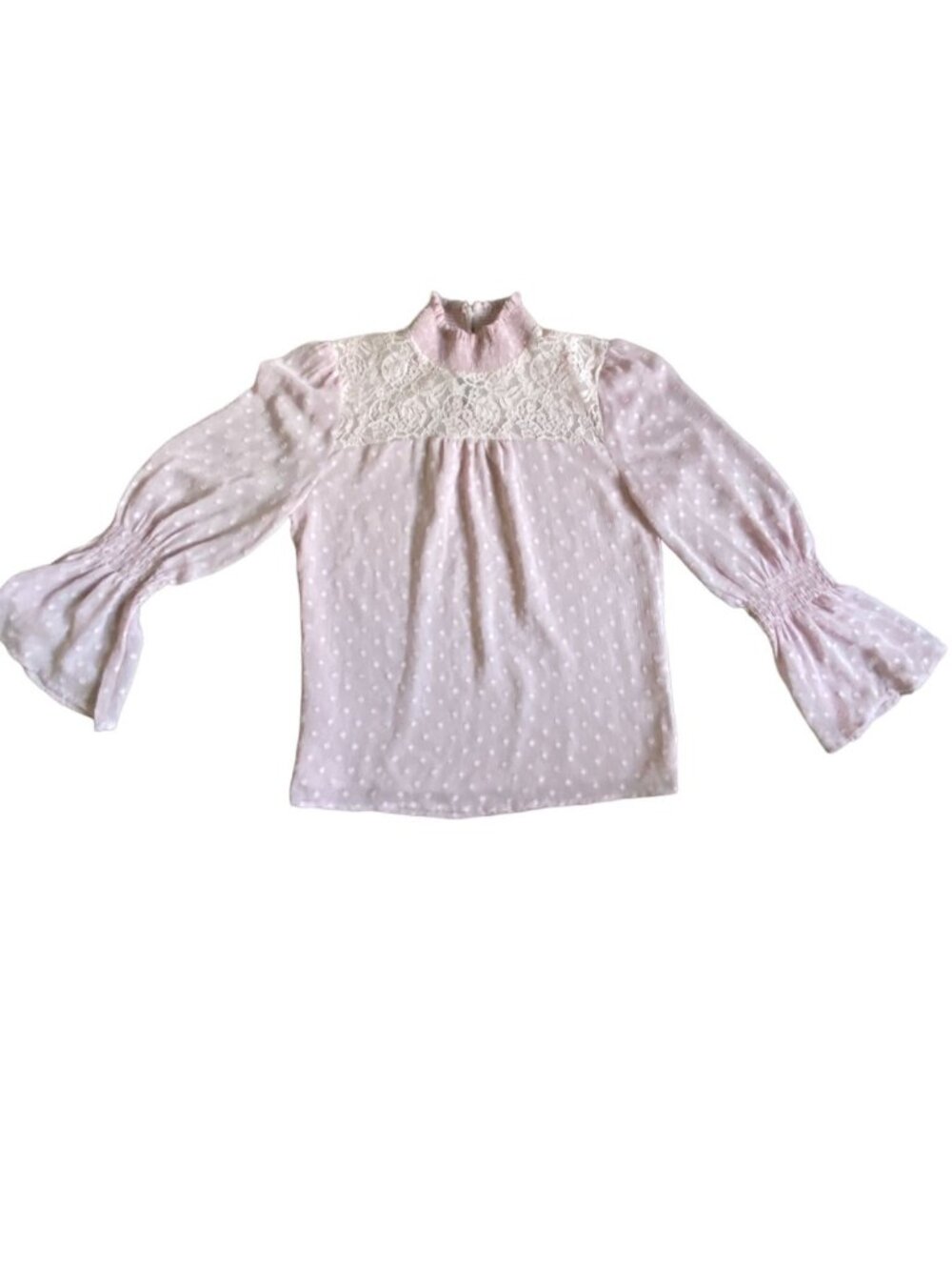Promesa High Neck Textured Blouse With Bell Sleeve-Dusty Pink-Size Small-GUC